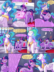 Size: 3000x4000 | Tagged: safe, artist:graphenescloset, artist:sirmasterdufel, princess celestia, twilight sparkle, alicorn, pony, series:twilight h&h blorp program, g4, collaboration, dialogue, duo, feeding, incentive drive, this will end in weight gain, twilight sparkle (alicorn)