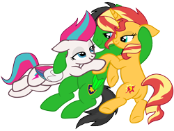 Size: 2402x1814 | Tagged: safe, artist:star-armour95, sunset shimmer, zipp storm, oc, oc:star armour, pegasus, pony, unicorn, g4, g5, female, g5 to g4, generation leap, male, simple background, straight, transparent background