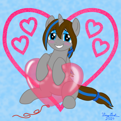 Size: 3000x3000 | Tagged: safe, artist:twiny dust, oc, oc:dust, oc:dusty, unicorn, awkward smile, balloon, blushing, embarrassed, female, hairband, heart, heart balloon, hearts and hooves day, horn, mare, ponytail, rule 63, smiling, solo, unicorn oc