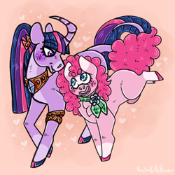 Size: 2000x2000 | Tagged: safe, artist:ruusukultakruunu, pinkie pie, twilight sparkle, alicorn, earth pony, pony, g4, cloven hooves, curved horn, female, horn, lesbian, ship:twinkie, shipping, twilight sparkle (alicorn)