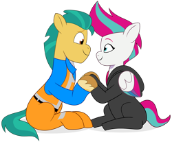 Size: 1920x1591 | Tagged: safe, artist:grapefruit-face, hitch trailblazer, zipp storm, pegasus, pony, g5, my little pony: tell your tale, clothes, cosplay, costume, duo, emmet brickowski, female, holding hooves, hoodie, lego, male, ship:stormblazer, shipping, simple background, straight, the lego movie, transparent background, wyldstyle