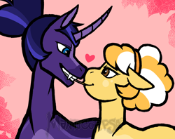 Size: 1400x1109 | Tagged: safe, artist:manticorpse, oc, oc:blacklight bulb, oc:lemon cheesecake, earth pony, pony, unicorn, couple, fangs, food, heart, heart eyes, hearts and hooves day, holiday, pocky, valentine's day, wingding eyes