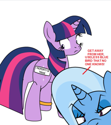 Size: 599x676 | Tagged: safe, artist:dekomaru, edit, trixie, twilight sparkle, pony, unicorn, tumblr:ask twixie, g4, ask, butt, female, implied crossover, implied crossover shipping, implied meme, implied mordecai, implied mordetwi, implied shipping, implied twilight sparkle, jealous, lesbian, plot, ship:twixie, shipping, simple background, tumblr, twibutt, white background