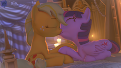 Size: 3840x2160 | Tagged: safe, artist:antonsfms, applejack, twilight sparkle, alicorn, earth pony, g4, 3d, bed, candle, candlelight, duo, female, kiss on the lips, kissing, lesbian, palindrome get, ship:twijack, shipping, twilight sparkle (alicorn)