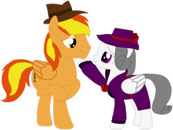 Size: 1280x955 | Tagged: safe, artist:rydersimmer, oc, oc only, oc:firey ratchet, oc:oliver spade, pegasus, g4, clothes, coat, detective, duo, fedora, female, hat, male, mare, simple background, stallion, transparent background, trenchcoat