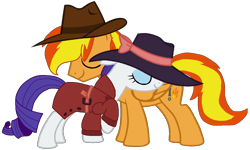 Size: 1228x735 | Tagged: safe, artist:rydersimmer, rarity, oc, oc:firey ratchet, pegasus, unicorn, g4, clothes, detective, detective rarity, duo, fedora, female, hat, male, simple background, transparent background, trenchcoat