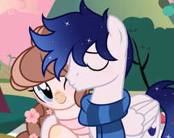 Size: 1357x1080 | Tagged: safe, artist:cstrawberrymilk, oc, oc only, oc:moonlight dust, oc:strawberry milk, pegasus, pony, g4, clothes, female, flower, flower in hair, kissing, male, mare, scarf, stallion, striped scarf