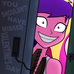 Size: 2000x2000 | Tagged: safe, artist:grey, dean cadance, princess cadance, equestria girls, g4, bolt cutters, clothes, door, fimfiction, heart, heart eyes, holiday, imminent rape, imminent sex, lock, looking at you, messy hair, principal cadance, shirt, sleeveless, sleeveless shirt, smiling, smiling at you, solo, swirly eyes, tank top, valentine's day, wide smile, wingding eyes