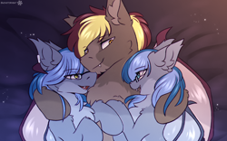 Size: 3200x2000 | Tagged: safe, artist:snowstormbat, oc, oc only, oc:arden heatwave, oc:evening snowfall, oc:midnight snowstorm, bat pony, pony, bat pony oc, bed, brother and sister, brothers, cuddling, female, glasses, male, mare, siblings, smiling, stallion, trio