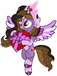 Size: 576x760 | Tagged: safe, artist:noi kincade, oc, oc only, oc:princess kincade, g4, box of chocolates, female, flying, holiday, mare, simple background, solo, spread wings, transparent background, valentine's day, wings