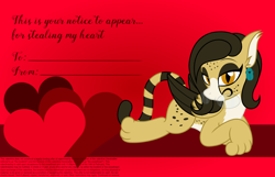 Size: 3156x2028 | Tagged: safe, artist:badumsquish, derpibooru exclusive, oc, oc only, oc:sourpuss, cheetah, pony, sphinx, g4, bedroom eyes, draw me like one of your french girls, ear piercing, earring, female, fine print, flirting, freckles, glasses, heart, holiday, jewelry, lawyer, looking at you, lying down, mare, mouth hold, piercing, prone, smiling, solo, spots, two toned coat, valentine, valentine's day, valentine's day card