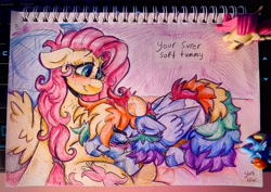 Size: 4030x2848 | Tagged: safe, artist:yumkandie, fluttershy, rainbow dash, pegasus, pony, g4, bed, blushing, cuddling, duo, ear piercing, earring, eyebrows, eyebrows visible through hair, eyes closed, female, figurine, head pat, heart, heart eyes, hug, jewelry, lesbian, love, lying down, on bed, pat, pencil drawing, piercing, prone, ship:flutterdash, shipping, snuggling, traditional art, wingding eyes, wings