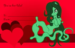 Size: 3156x2028 | Tagged: safe, artist:badumsquish, derpibooru exclusive, oc, oc only, oc:malison mint, ghost, ghost pony, pony, undead, g4, bedroom eyes, dark sclera, female, flirting, floating, grin, heart, holiday, looking at you, mare, pun, raised hooves, smiling, solo, valentine, valentine's day, valentine's day card