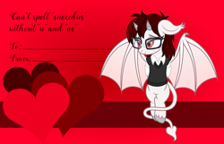 Size: 3156x2028 | Tagged: safe, artist:badumsquish, derpibooru exclusive, oc, oc only, oc:tanith, demon, demon pony, monster pony, original species, pony, succubus, succubus pony, g4, arm behind back, bashful, bat wings, bucktooth, clothes, dork, female, flirting, floppy ears, gap teeth, glasses, heart, holiday, horns, looking away, mare, meganekko, messy mane, nerd, nerd pony, red eyes, rolled up sleeves, show accurate, slit pupils, smiling, solo, spaded tail, tail, tape, valentine, valentine's day, valentine's day card, vest, wings