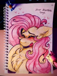 Size: 3024x4032 | Tagged: safe, artist:yumkandie, fluttershy, rainbow dash, pegasus, pony, g4, blushing, cheek fluff, chest fluff, crying, eyebrows, eyes closed, fangs, female, figurine, floating heart, floppy ears, giggling, heart, laughing, lesbian, pencil drawing, ship:flutterdash, shipping, solo focus, tears of laughter, traditional art, wings