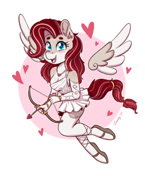 Size: 2480x3004 | Tagged: safe, artist:dandy, oc, oc only, oc:cherry heart, anthro, unguligrade anthro, alternate hairstyle, blushing, bow, breasts, chibi, cleavage, clothes, cupid, cute, ear piercing, female, floating wings, heart, jewelry, looking at you, necklace, open mouth, open smile, piercing, sandals, simple background, skirt, smiling, solo, tail tie, tattoo, toga, white background, wings, wristband