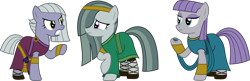Size: 4637x1501 | Tagged: safe, artist:sketchmcreations, boulder (g4), limestone pie, marble pie, maud pie, earth pony, gorgon, pony, g4, american dragon jake long, angry, bracelet, clothes, dress, female, headband, hoof hold, jewelry, mare, pie sisters, pointing, raised hoof, sandals, siblings, simple background, sisters, transparent background, vector, voice actor joke