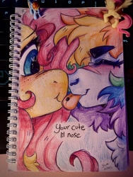 Size: 3024x4032 | Tagged: safe, artist:yumkandie, fluttershy, rainbow dash, pegasus, pony, g4, :p, blushing, boop, duo, ear piercing, earring, eyebrows, eyebrows visible through hair, eyes closed, female, figurine, jewelry, lesbian, love, noseboop, pencil drawing, piercing, scar, ship:flutterdash, shipping, tongue out, traditional art