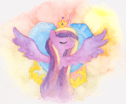 Size: 3118x2563 | Tagged: safe, artist:chevaleto, derpibooru exclusive, princess cadance, alicorn, pony, g4, crystal heart, eyes closed, female, high res, solo, spread wings, traditional art, watercolor painting, wings