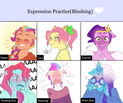 Size: 2553x2130 | Tagged: safe, artist:aztrial, comet (g5), jazz hooves, pipp petals, posey bloom, sunny starscout, zipp storm, auroricorn, earth pony, pegasus, anthro, plantigrade anthro, g5, aaaaaaaaaa, angry, avert eyes, blushing, breasts, clothes, ear piercing, earring, eyes closed, female, floppy ears, freaking out, freakout, gasp, glasses, grin, gritted teeth, hoodie, jewelry, male, mane stripe sunny, one eye covered, open mouth, piercing, screaming, simple background, smiling, steaming, surprised, sweater, teeth, tsundere, white background