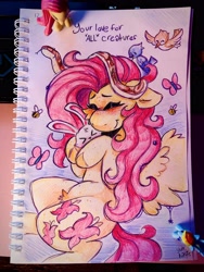 Size: 3024x4032 | Tagged: safe, artist:yumkandie, angel bunny, fluttershy, rainbow dash, bee, bird, butterfly, insect, pegasus, pony, rabbit, snake, spider, g4, animal, blushing, cheek fluff, duo, eyebrows, eyes closed, female, figurine, floating heart, floppy ears, heart, hug, lesbian, pencil drawing, pubic fluff, ship:flutterdash, shipping, smiling, traditional art, wings