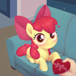 Size: 2560x2560 | Tagged: safe, ai assisted, ai content, apple bloom, earth pony, pony, g4, adorabloom, apple bloom's bow, blushing, bow, box of chocolates, couch, cute, drawer, female, filly, foal, hair bow, hand, heart, heart shaped box, holiday, indoors, living room, looking at you, lying down, offscreen character, pov, prone, smiling, smiling at you, solo, valentine's day