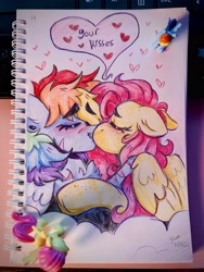 Size: 3024x4032 | Tagged: safe, artist:yumkandie, fluttershy, rainbow dash, pegasus, pony, g4, blushing, cloud, cuddling, duo, ear piercing, earring, eyebrows, eyebrows visible through hair, eyes closed, female, figurine, floating heart, heart, hug, jewelry, kiss on the lips, kissing, lesbian, love, nose piercing, on a cloud, pencil drawing, piercing, scar, ship:flutterdash, shipping, snuggling, traditional art, wings