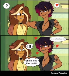 Size: 989x1090 | Tagged: safe, artist:jenna56, oc, oc only, oc:glaber, oc:jen star, human, equestria girls, g4, 2 panel comic, canterlot high, clothes, comic, dialogue, exclamation point, female, heart, lockers, male, muscles, question mark
