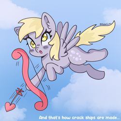 Size: 2500x2500 | Tagged: safe, artist:bubblegooey, derpy hooves, pegasus, pony, g4, arrow, blush sticker, blushing, bow (weapon), cloud, cloudy, clumsy, cupid, cute, derp, derpabetes, ear fluff, female, flying, heart, holiday, mare, open mouth, raised hoof, raised leg, signature, sky, solo, spread wings, surprised, text, valentine's day, wings