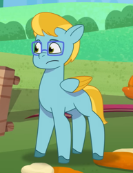 Size: 600x777 | Tagged: safe, screencap, feather clips, pegasus, pony, filly filling, g5, my little pony: tell your tale, spoiler:g5, spoiler:my little pony: tell your tale, spoiler:tyts01e33, cropped, folded wings, glasses, male, outdoors, stallion, wings