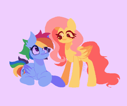 Size: 509x425 | Tagged: safe, artist:uck, fluttershy, rainbow dash, pegasus, pony, g4, cute, dashabetes, ear fluff, female, folded wings, lesbian, looking at each other, looking at someone, lying down, prone, purple background, ship:flutterdash, shipping, shyabetes, simple background, smiling, standing, wings