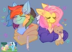 Size: 1722x1249 | Tagged: safe, artist:hachiko, fluttershy, rainbow dash, pegasus, pony, g4, may the best pet win, blushing, bow, clothes, duo, female, grass, hair bow, hat, heart, hoodie, lesbian, plushie, ship:flutterdash, shipping, simple background, smiling, standing, stars, tree, yay