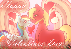 Size: 1600x1100 | Tagged: safe, alternate version, artist:tresmariasarts, big macintosh, rainbow dash, earth pony, pegasus, pony, g4, alternate hairstyle, alternate universe, beard, commission, duo, eyepatch, facial hair, female, heart, hearts and hooves day, holiday, looking at each other, looking at someone, male, mare, ship:rainbowmac, shipping, smiling, smiling at each other, stallion, straight, valentine's day