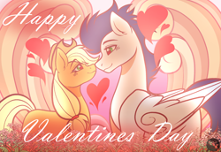 Size: 1600x1100 | Tagged: safe, artist:tresmariasarts, applejack, soarin', earth pony, pegasus, pony, g4, applejack's hat, commission, cowboy hat, duo, female, green eyes, hat, heart, hearts and hooves day, holiday, looking at each other, looking at someone, male, mare, ship:soarinjack, shipping, smiling, smiling at each other, stallion, straight, valentine's day