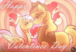 Size: 1600x1100 | Tagged: safe, artist:tresmariasarts, braeburn, fluttershy, earth pony, pegasus, pony, g4, braeburn's hat, clothes, commission, cute, duo, female, green eyes, hat, heart, hearts and hooves day, holiday, looking at each other, looking at someone, male, mare, ship:braeshy, shipping, smiling, smiling at each other, stallion, straight, valentine's day, vest