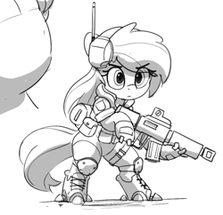 Size: 1009x976 | Tagged: safe, artist:pabbley, oc, oc only, cyborg, earth pony, pony, semi-anthro, artificial hands, big mare, bipedal, black and white, clothes, eyebrows, eyebrows visible through hair, female, garter, grayscale, gun, headset, knee pads, knife, looking at you, mare, monochrome, raised hoof, rifle, shoes, simple background, size difference, socks, soldier, solo, tactical vest, thighs, weapon, white background
