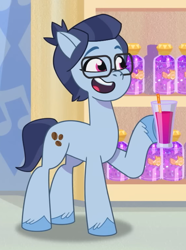 Size: 562x755 | Tagged: safe, screencap, paisley bluebell, earth pony, pony, bridlewood spog, g5, my little pony: tell your tale, spoiler:g5, spoiler:my little pony: tell your tale, spoiler:tyts01e43, cropped, drink, drinking straw, female, glass, glasses, hoof hold, mare, open mouth, open smile, raised hoof, smiling, solo, tail, unshorn fetlocks