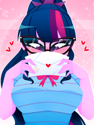 Size: 1500x2000 | Tagged: safe, artist:xan-gelx, sci-twi, twilight sparkle, human, equestria girls, g4, arms, blouse, blushing, breasts, bust, clothes, female, fingers, glasses, hand, heart, holiday, implied lesbian, implied scitwishimmer, implied shipping, letter, long hair, looking down, nerd, ponytail, puffy sleeves, teenager, valentine's day