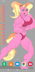 Size: 720x1480 | Tagged: safe, artist:matchstickman, edit, luster dawn, unicorn, anthro, plantigrade anthro, g4, abs, bicep flex, biceps, bikini, bodybuilder, breasts, busty luster dawn, calves, clothes, deltoids, female, flexing, gray background, looking at you, luster brawn, mare, muscles, muscular female, pecs, phone wallpaper, red bikini, red swimsuit, simple background, solo, swimsuit, thighs, thunder thighs, triceps, wallpaper, wallpaper edit