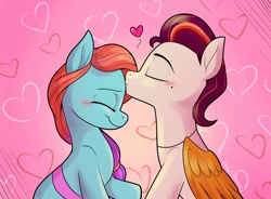 Size: 2048x1506 | Tagged: safe, artist:danny obscure, jazz hooves, rocky riff, earth pony, pegasus, pony, g5, beauty mark, blushing, cute, eyes closed, female, forehead kiss, heart, holiday, jazz hooves has ears!, jazzibetes, jewelry, kissing, male, mare, necklace, rockybetes, ship:rockjazz, shipping, smiling, stallion, straight, valentine's day