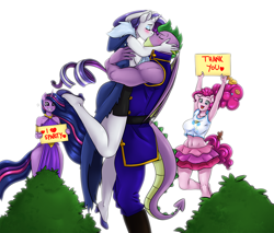 Size: 1500x1278 | Tagged: safe, artist:pia-sama, pinkie pie, rarity, spike, twilight sparkle, alicorn, dragon, earth pony, unicorn, anthro, plantigrade anthro, g4, the last problem, adult, adult spike, boots, breasts, clothes, equestria girls outfit, eyes closed, female, high heel boots, jumping, kissing, male, mare, older, older rarity, older spike, older twilight, older twilight sparkle (alicorn), princess twilight 2.0, rah rah skirt, ship:sparity, shipper on deck, shipping, shoes, side slit, sign, skirt, smiling, straight, tank top, total sideslit, twilight sparkle (alicorn), uniform