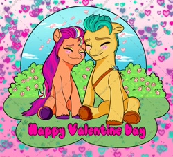 Size: 2048x1862 | Tagged: safe, artist:thelmavillagra, hitch trailblazer, sunny starscout, earth pony, pony, g5, blushing, cute, daaaaaaaaaaaw, duo, duo male and female, eyes closed, female, floppy ears, grass, heart, male, mare, nuzzling, ship:starblazer, shipping, sitting, smiling, stallion, straight