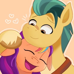 Size: 626x626 | Tagged: safe, artist:artsafras, hitch trailblazer, sunny starscout, earth pony, pony, g5, affection, duo, duo male and female, eyes closed, female, heart, hug, looking at someone, male, mare, open mouth, open smile, ship:starblazer, shipping, smiling, stallion, straight