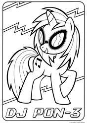 Size: 2148x3009 | Tagged: safe, dj pon-3, vinyl scratch, pony, unicorn, g4, official, black and white, coloring book, crayola, female, grayscale, mare, merchandise, monochrome, name, open mouth, open smile, raised hoof, reference sheet, scan, smiling, solo, text