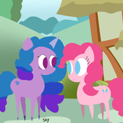 Size: 1280x1280 | Tagged: safe, artist:skycandy, izzy moonbow, pinkie pie, earth pony, pony, unicorn, g4, g5, duo, duo female, female, izzy and her heroine, looking at each other, looking at someone, minimalist, multicolored hair, multicolored mane, pointy ponies, ponyville, smiling, smirk, standing