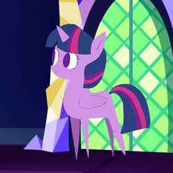 Size: 1280x1280 | Tagged: safe, artist:skycandy, twilight sparkle, alicorn, g4, female, folded wings, horn, looking at something, minimalist, multicolored hair, multicolored mane, solo, standing, twilight sparkle (alicorn), twilight's castle, wings