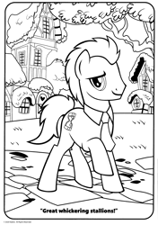 Size: 1280x1817 | Tagged: safe, doctor whooves, time turner, earth pony, pony, g4, official, slice of life (episode), black and white, coloring book, coloring page, crayola, dialogue, grayscale, great whickering stallions, looking at you, male, monochrome, necktie, outdoors, ponyville, raised hoof, smiling, smiling at you, solo, stallion, text, tree