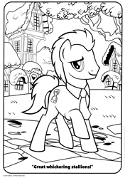 Size: 1280x1817 | Tagged: safe, doctor whooves, time turner, earth pony, pony, g4, my little pony: friendship is magic, official, slice of life (episode), black and white, coloring book, coloring page, crayola, dialogue, grayscale, great whickering stallions, looking at you, male, monochrome, necktie, outdoors, ponyville, raised hoof, smiling, smiling at you, solo, stallion, text, tree