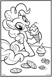 Size: 2100x3119 | Tagged: safe, pinkie pie, earth pony, pony, g4, official, black and white, bon bon (candy), candy, cherry, chocolates, coloring book, coloring page, cookie, crayola, cupcake, eating, female, food, grayscale, hasbro, ice cream, ice cream cone, licking, mare, merchandise, monochrome, sitting, solo, stock vector, tongue out, waffle cone