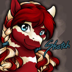 Size: 300x300 | Tagged: safe, artist:clemikou, oc, oc only, oc:sketch (clemikou), earth pony, pony, 2010, braid, brown background, bust, female, icon, looking at you, mare, ponysona, portrait, simple background, smiling, smiling at you, stripes